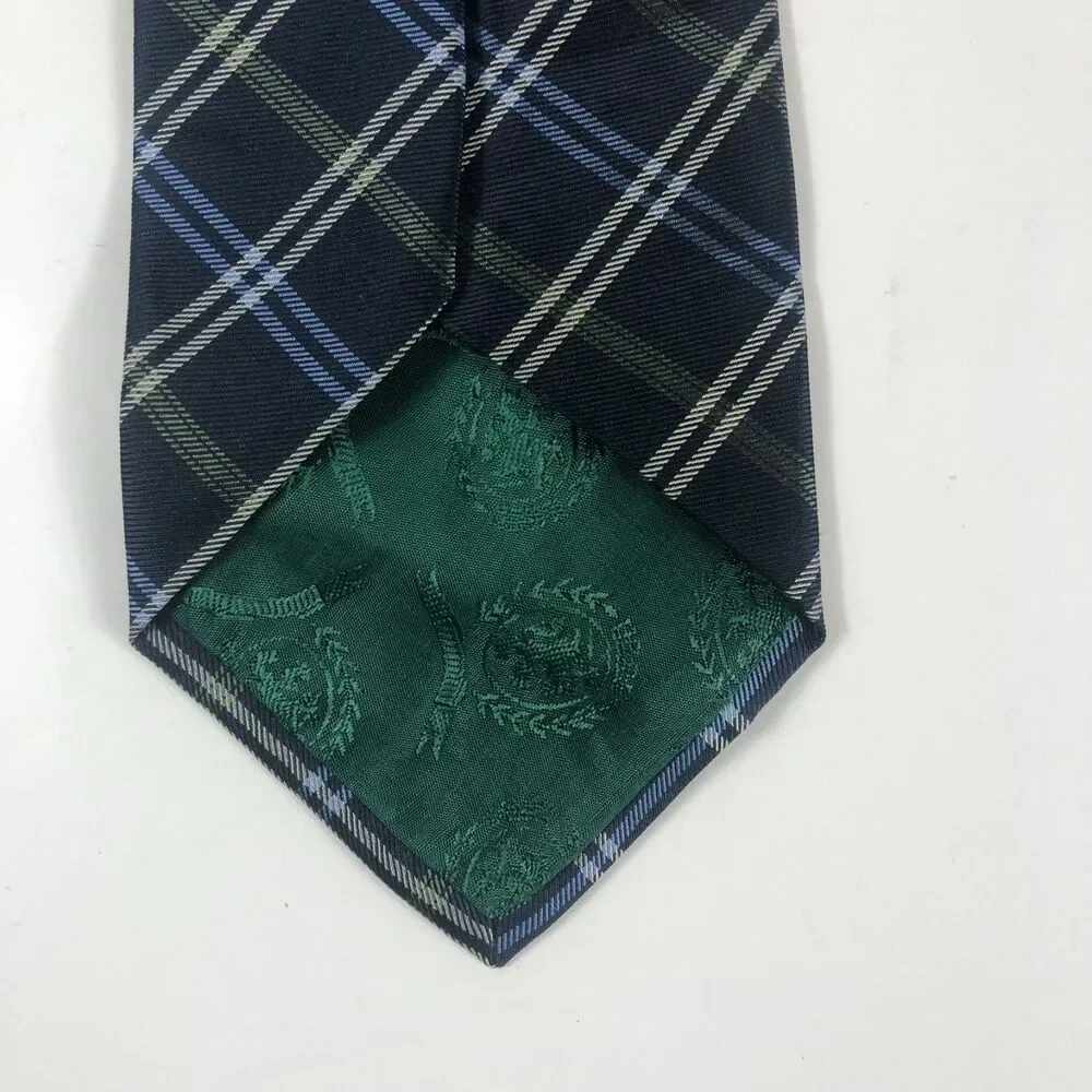VTG Tommy Hilfiger 100% Silk Tie Navy Blue Plaid/Tartan Grid Made in USA Necktie